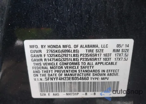 2014 Honda Pilot Lx z USA, uszkodzony, nr VIN 5FNYF4H23EB054660